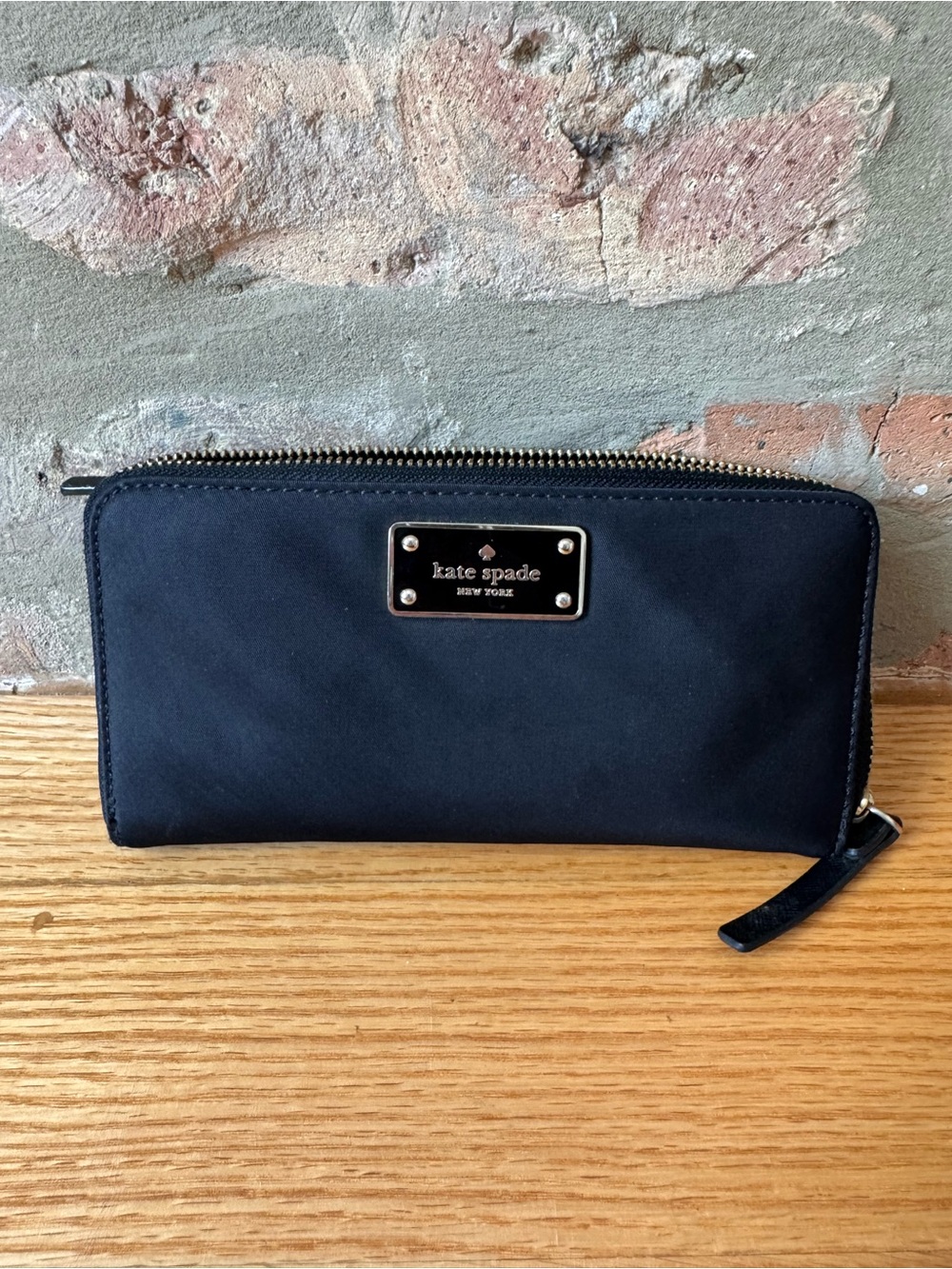 kate spade Black Zip-Around Continental Wallet with Logo Plaque